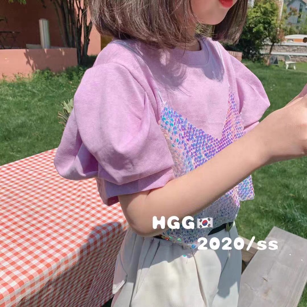 Áo Thun Cotton Giả Hai Lớp Tay Phồng Dáng Rộng Thoải Mái Thời Trang Mùa Hè Phong Cách Hàn Quốc Cho Bé Gái 5