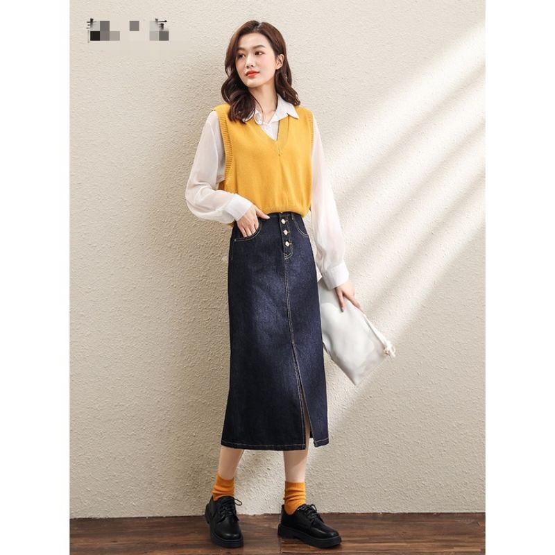 Chân Váy Jean Cạp Cao Dài Qua Gối Xẻ Trước Nút Cài Dáng A_A2