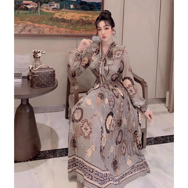 [Mã FATHANG5 giảm 10K đơn 50K] V047 Váy Dự Tiệc Dáng Dài pha Cổ Nơ , Đầm Hoạ Tiết Dài Tay , Chân Váy Dập Ly Cao Cấp | BigBuy360 - bigbuy360.vn