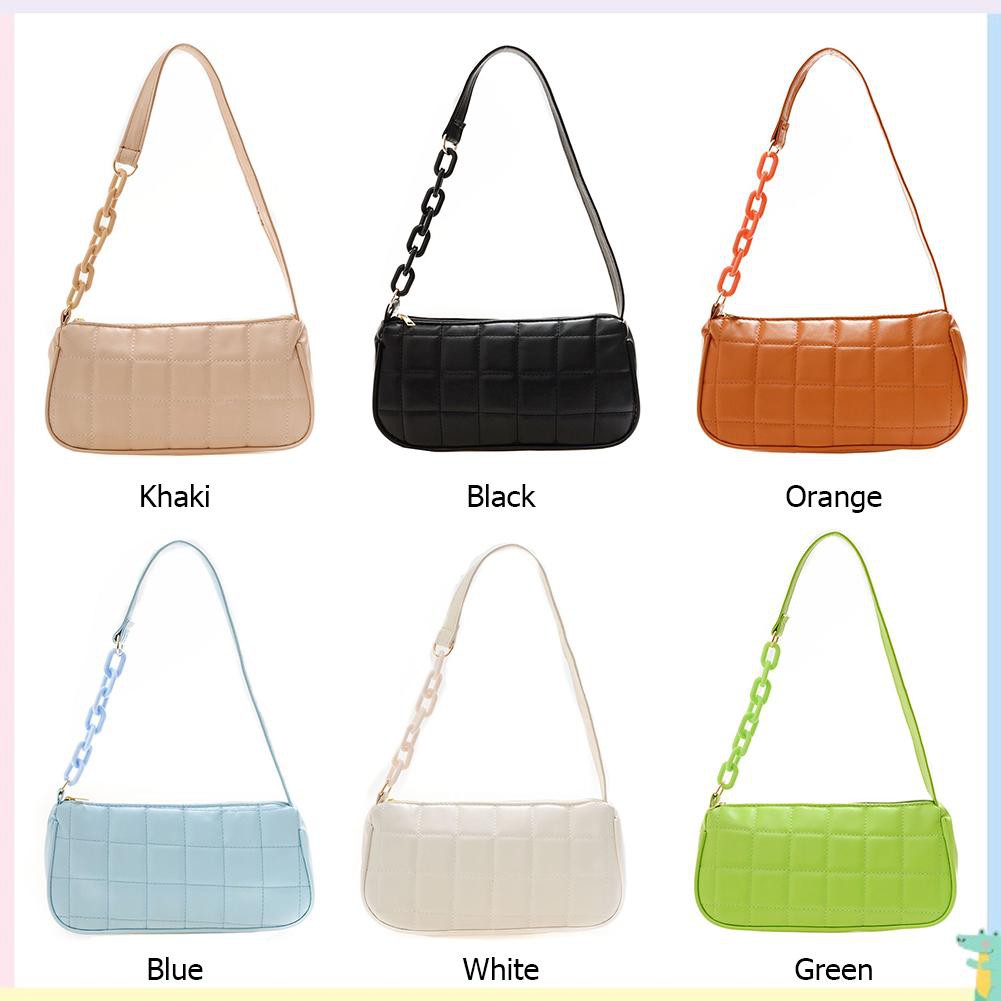 Ready Retro Women Plaid Pattern Pure Color PU Shoulder Underarm Bag Chain Handbag