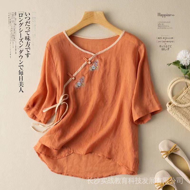 Áo Sơ Mi Vải Lanh Cotton Tay Ngắn Dáng Rộng Thêu Họa Tiết Thổ Cẩm Thời Trang Mùa Hè 2022 Cho Nữ
