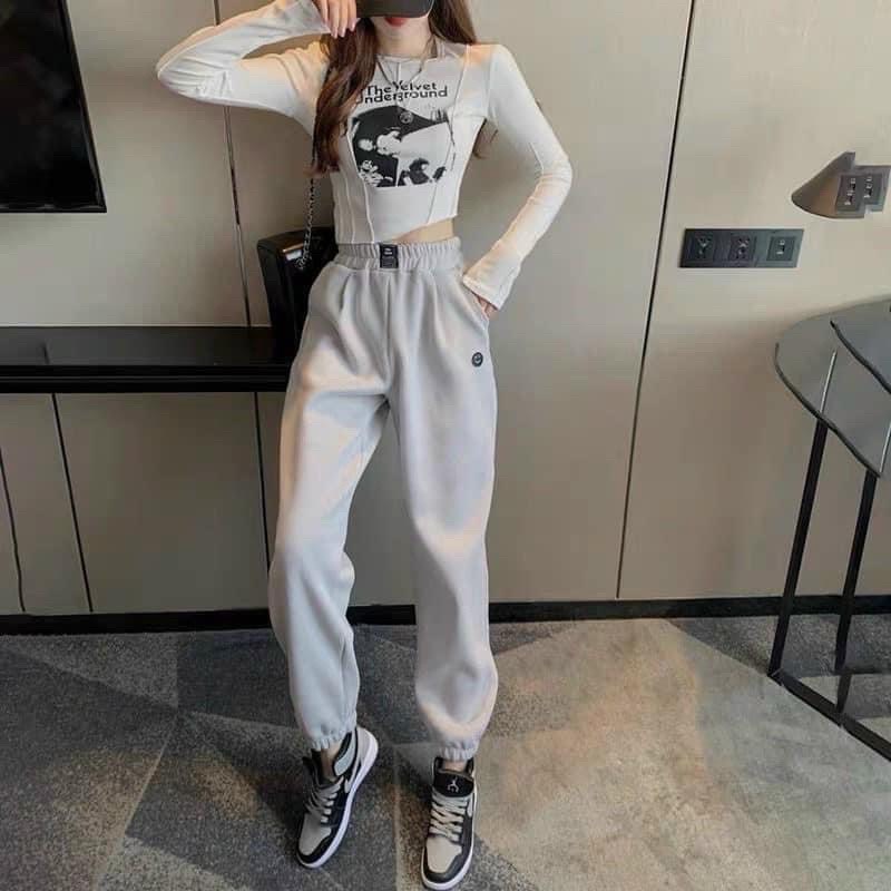 Quần jogger tăm logo mặt cười bo gấu nữ - Nỉ ống boom cạp chun dáng dài phong cách đường phố vintage ulzzang | BigBuy360 - bigbuy360.vn