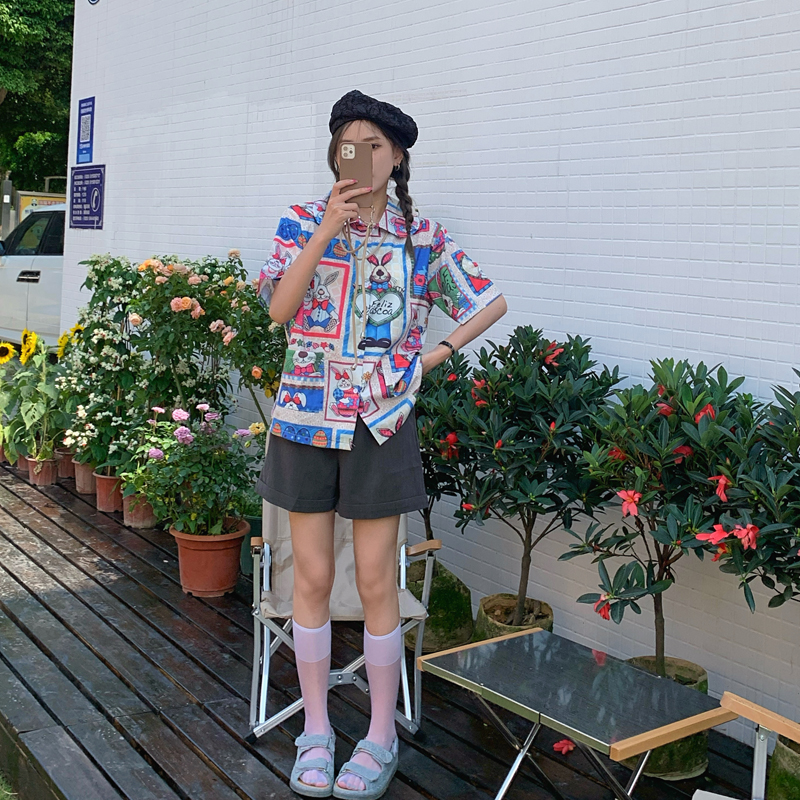 Áo Sơ Mi Nữ Tay Ngắn Hình Thỏ Phong Cách Retro Xinh Xắn