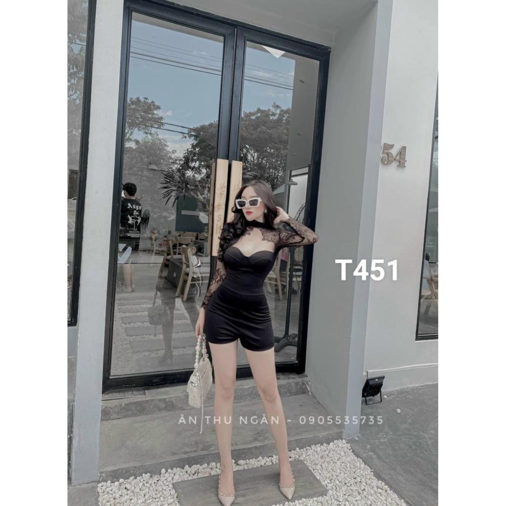 TSL-Jumpsuit nữ ngắn phối ren khoét tay dài có mút ngực dự tiệc dạo phố Jum nữ phối ren tay dài kiểu mới