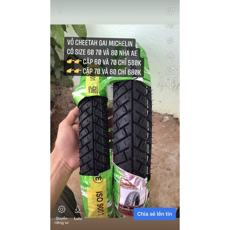 Vỏ cheetah gai michelin không ruột size 17 inch