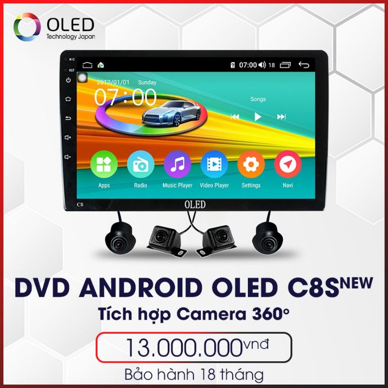 Màn hình OLED C8S liền Camera 360 cho các dòng xe ô tô, Phiên bản mới New 2022, Ram 3G, Rom 32G, chip 8 nhân cực nhanh