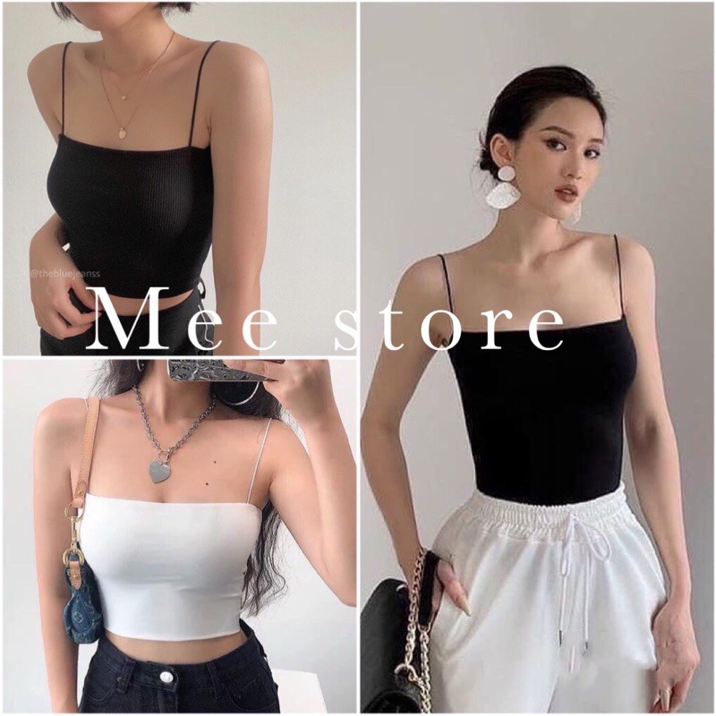 Áo 2 dây sợi bún dáng croptopthun gân đẹp cotton, dáng ôm vải mịn co giãn màu ĐEN/TRẮNG