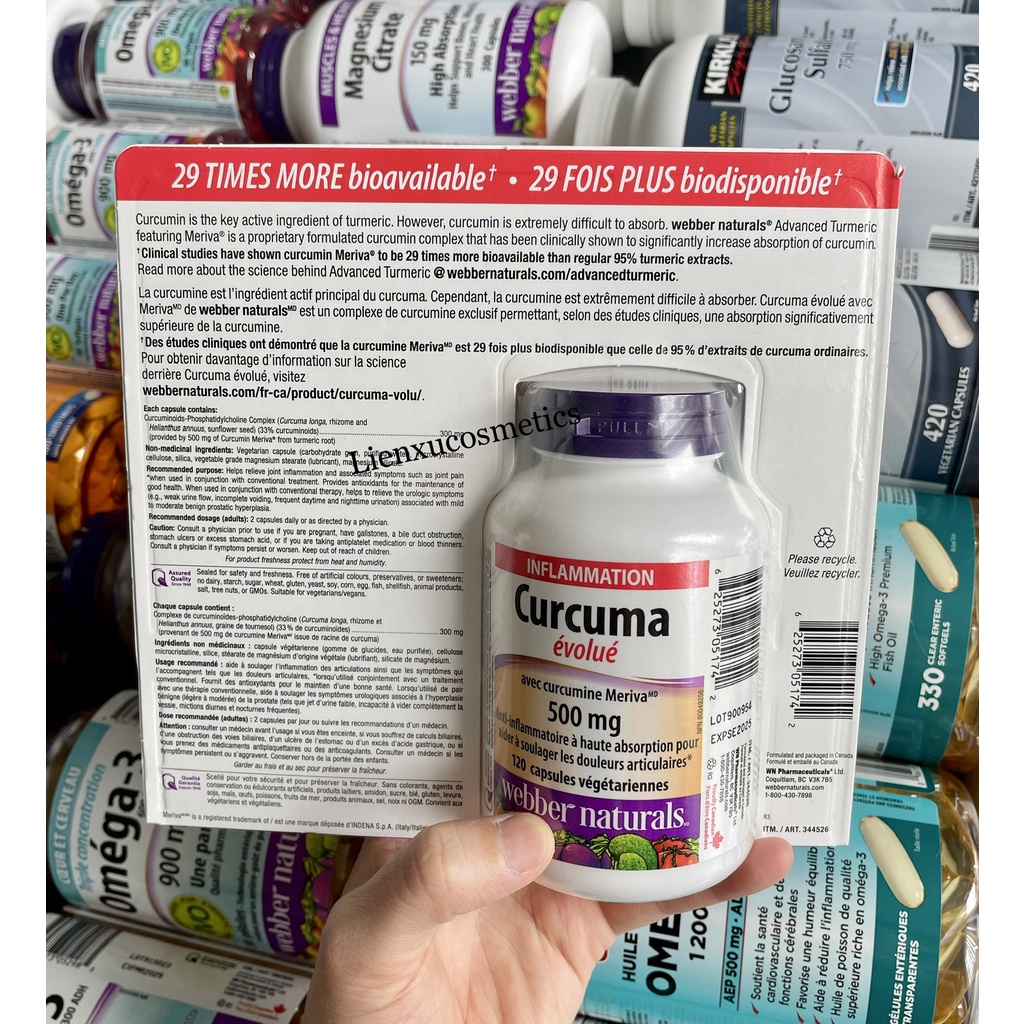 Viên uống giảm đau, sưng khớp Advanced Turmeric Webber Naturals 500mg, 120 viên/hộp. HSD 2024;2025