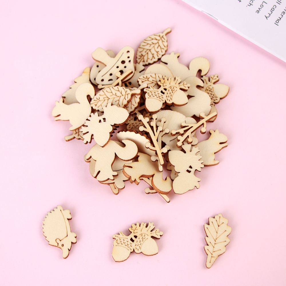 FASHYUNER Bộ 50 miếng gỗ trang trí đồ thủ công sổ lưu niệm hình chiếc lá/ sóc/ nấm/ nhím xinh xắn hỗn hợp