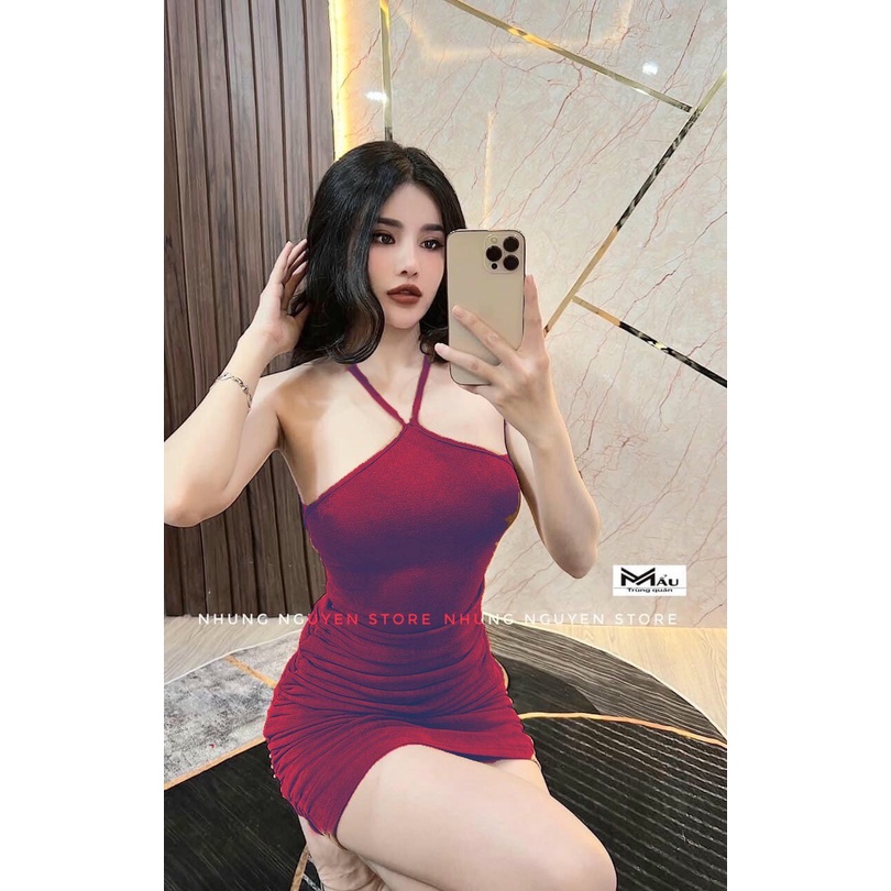 Đầm yếm ôm body nhúm sườn hở lưng đan dây cực hot , chất thun gân dày dặn mềm mịn