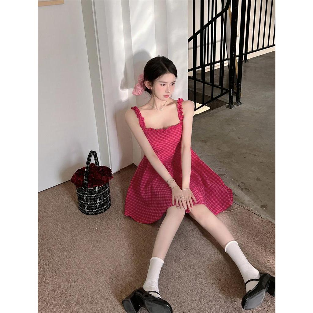 Đầm Hai Dây Mùa Hè Tay Ngắn Họa Tiết Kẻ Sọc Caro Ngọt Ngào Mới Cho Nữ