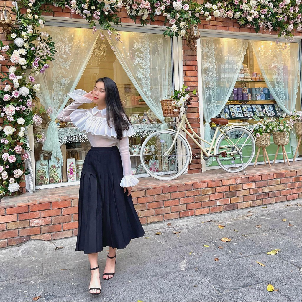 Chân váy xếp ly vừa dáng xòe cạp cao hàng thiết kế Fank Skirt by KHALES