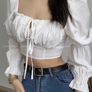 Áo croptop tiểu thư tay dài phồng cổ vuông nhún lưng thắt nơ ngực phong cách Retro Hàn Quốc