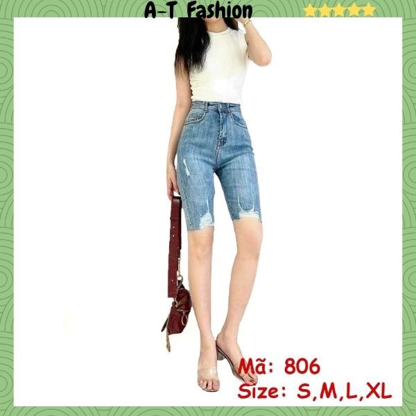 Quần short jean nữ ngố ❤️FREESHIP❤️ Quần Ngố Jean Nữ chất bò co giãn lưng cao phối rách thời trang A-T Fashion - SNM806