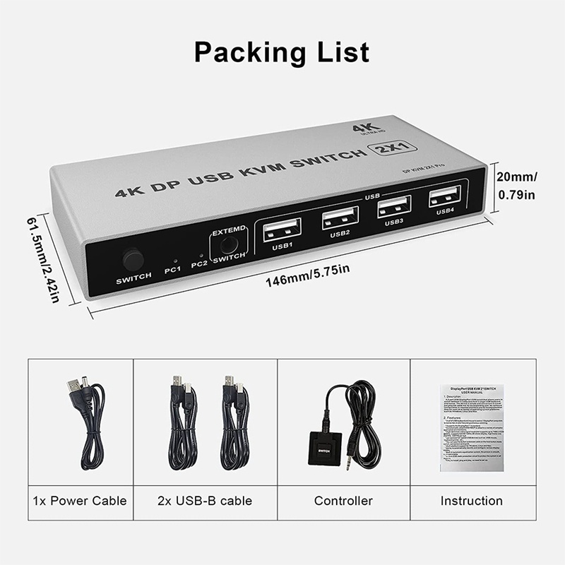 Bộ chuyển đổi KVM 2 cổng 4K 60Hz Ultra HD USB và DP cho laptop PC HDTV