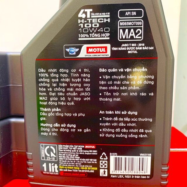 Nhớt Cao Cấp Xe Số Tay Côn Motul H-TECH 100 10W-40 Jaso MA2 API SN Fully Synthetic