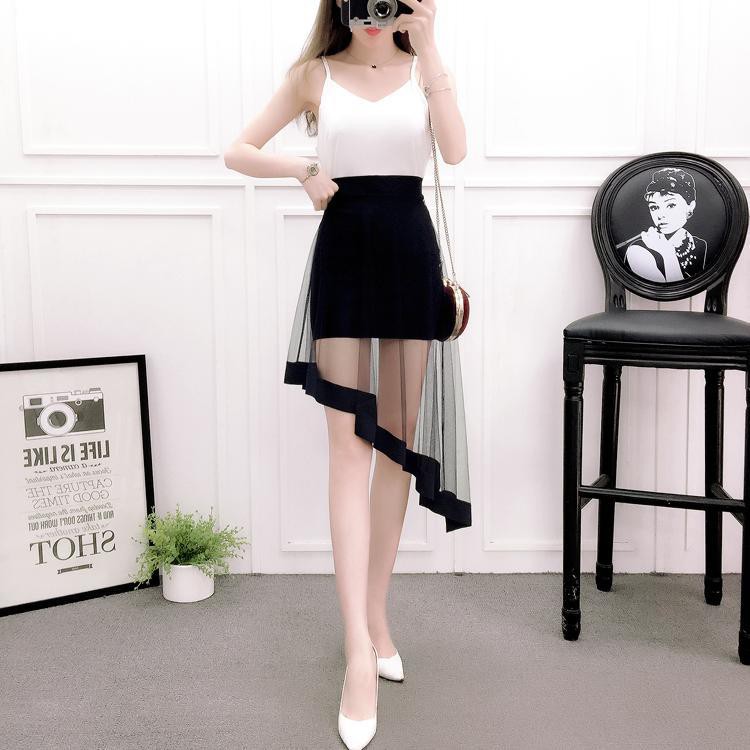 Spot free shipping girls bag hip skirt Korean fashion high waist sexy see-through black gauze mesh a-line | BigBuy360 - bigbuy360.vn