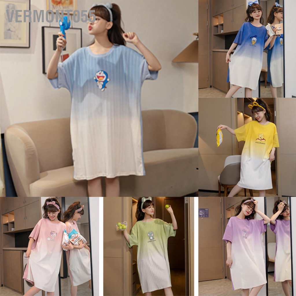 Vermont055 Váy ngủ mùa hè Thân thiện với làn da Chiều dài đầu gối Dệt kim cotton ngắn tay Áo cho phụ nữ