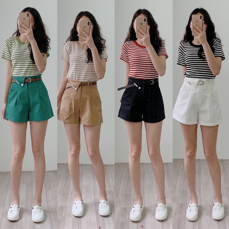 [Ảnh thật/Video]Áo len mongtogi 992 kẻ dáng vừa Áo phông kẻ nhiều màu QC