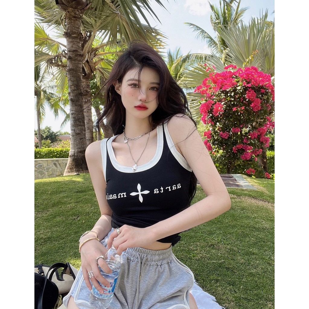 Porozi Áo croptop  hai dây in chữ thời trang Hàn Quốc cho nữ