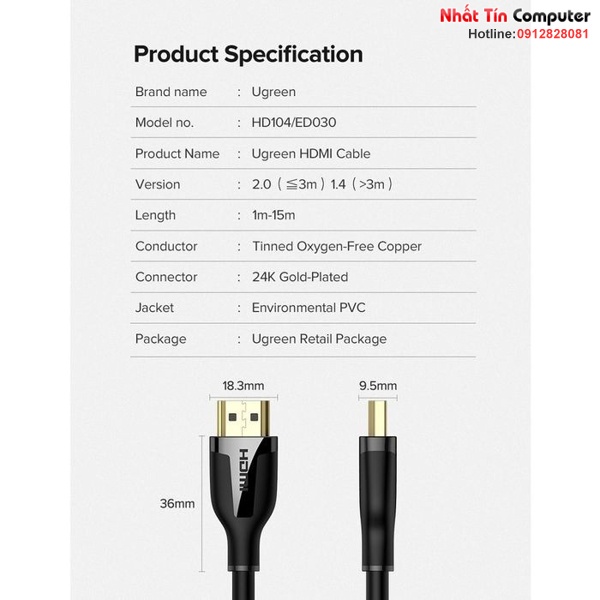 Cáp HDMI 2.0 HD104/ED030 dài 1m 1,5M 2M hỗ trợ hỗ trợ độ phân giải 4K@60Hz Ugreen cao cấp