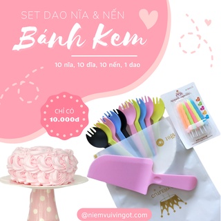 Set dao nĩa dụng cụ cắt chia bánh kem, nĩa, nến, dĩa giấy, xẻng bánh sinh nhật