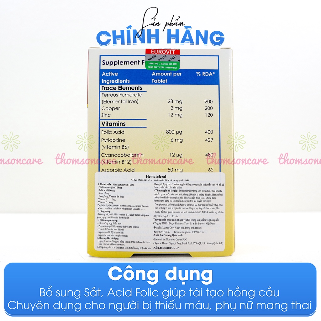 Viên uống bổ sung sắt, Folic acid hữu cơ Hematoferol cùng với các dưỡng chất cả cho mẹ và bé - Nhập Khẩu Châu Âu Hộp 30v
