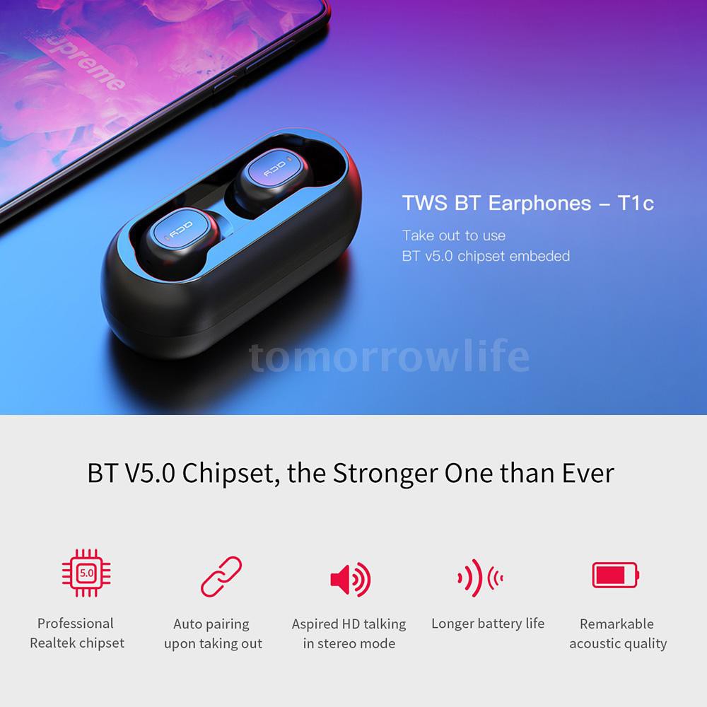 Tai Nghe Bluetooth 3d Xiaomi Qcy T1c Youth Mini Dual V5.0 Kèm Mic