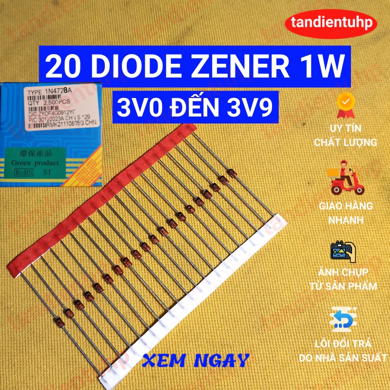 20 diode Zener 1W đi ốt ổn áp kiểu chân DO-41 trị số: từ 1N4727A 3V đến 1N4752A 33V, thương hiệu ST