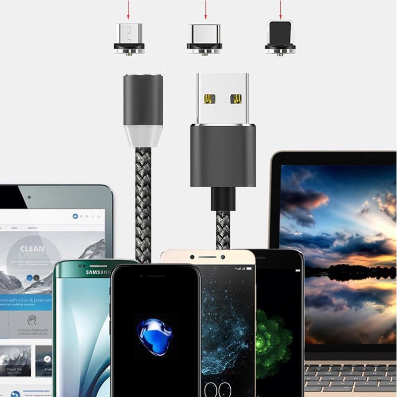 Cáp sạc từ hút nam châm đầu Iphone | micro USB | Type C xoay 360 độ dây dù, có LED cao cấp magic