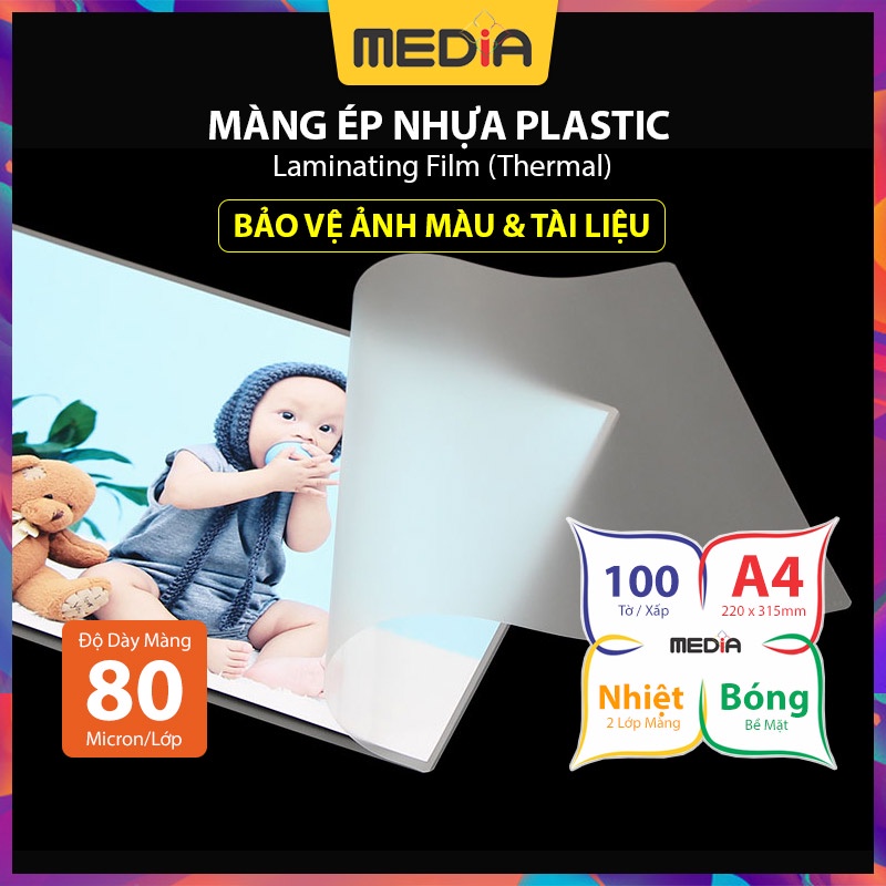 Màng Ép Plastic A4 MEDIA inkjet, Màng Ép Nhựa, Kích Thước 21.5 x 32cm , Độ Dày 80 Micro 100 Tờ