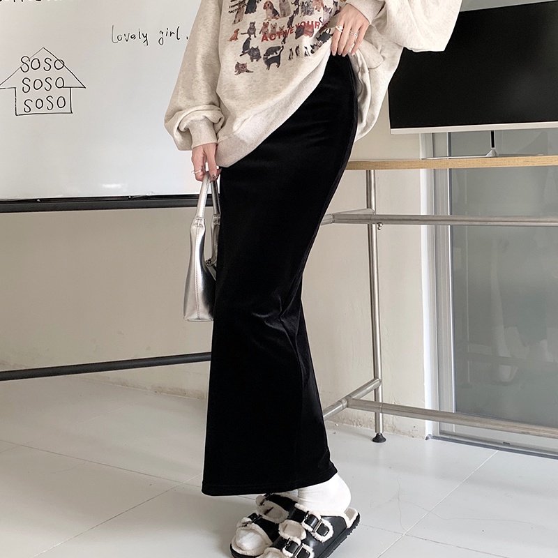 Chân váy SUXI dáng dài vải nhung lưng cao màu trơn phong cách vintage thời trang mùa thu dành cho nữ