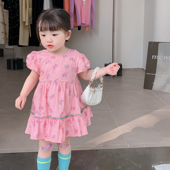 Đầm Công Chúa Mùa Hè Hai Dây Tay Phồng In Họa Tiết Hoa Dễ Thương Phong Cách Hàn Quốc Cho Bé Gái