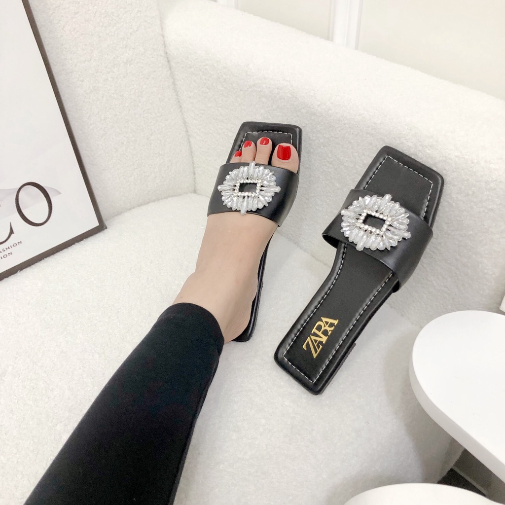 Dép xẹp quai ngang xoàn đá lung linh cực đẹp chất da mềm đi êm - Chị Chảnh Store