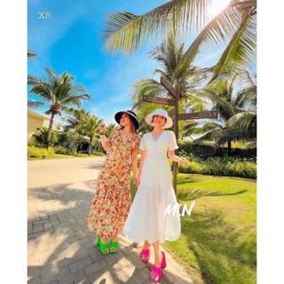MAXI TRẮNG CỔ V PHỐI NÚT ĐUÔI CÁ 🤍