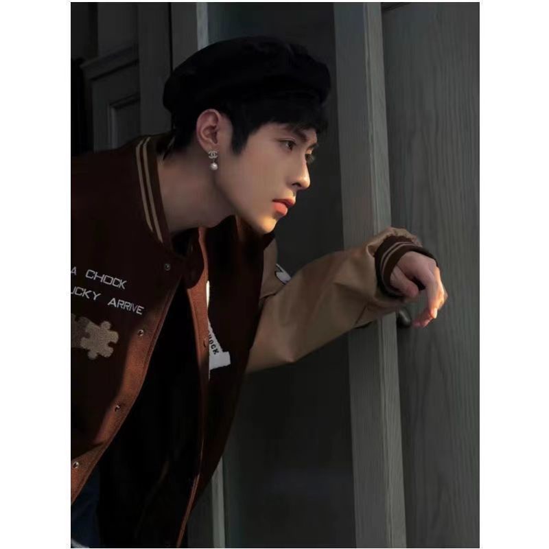 Áo khoác bóng chày vải len phối nhung dày tùy chọn màu sắc và họa tiết retro thời trang cho nam