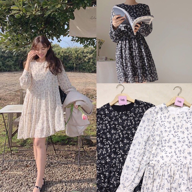 Đầm babydoll tầng hoạ tiết hoa nhẹ nhàng