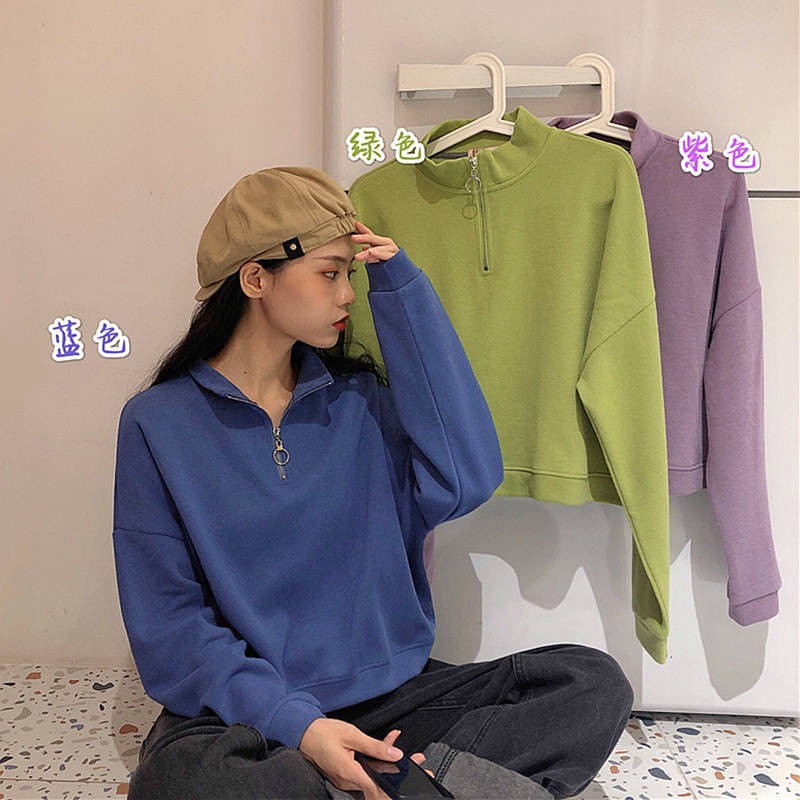 Áo Hoodie Tay Dài Dáng Rộng Có Khóa Kéo Màu Sắc Trơn Thời Trang Xuân Thu Phong Cách Hàn Quốc Cho Nữ