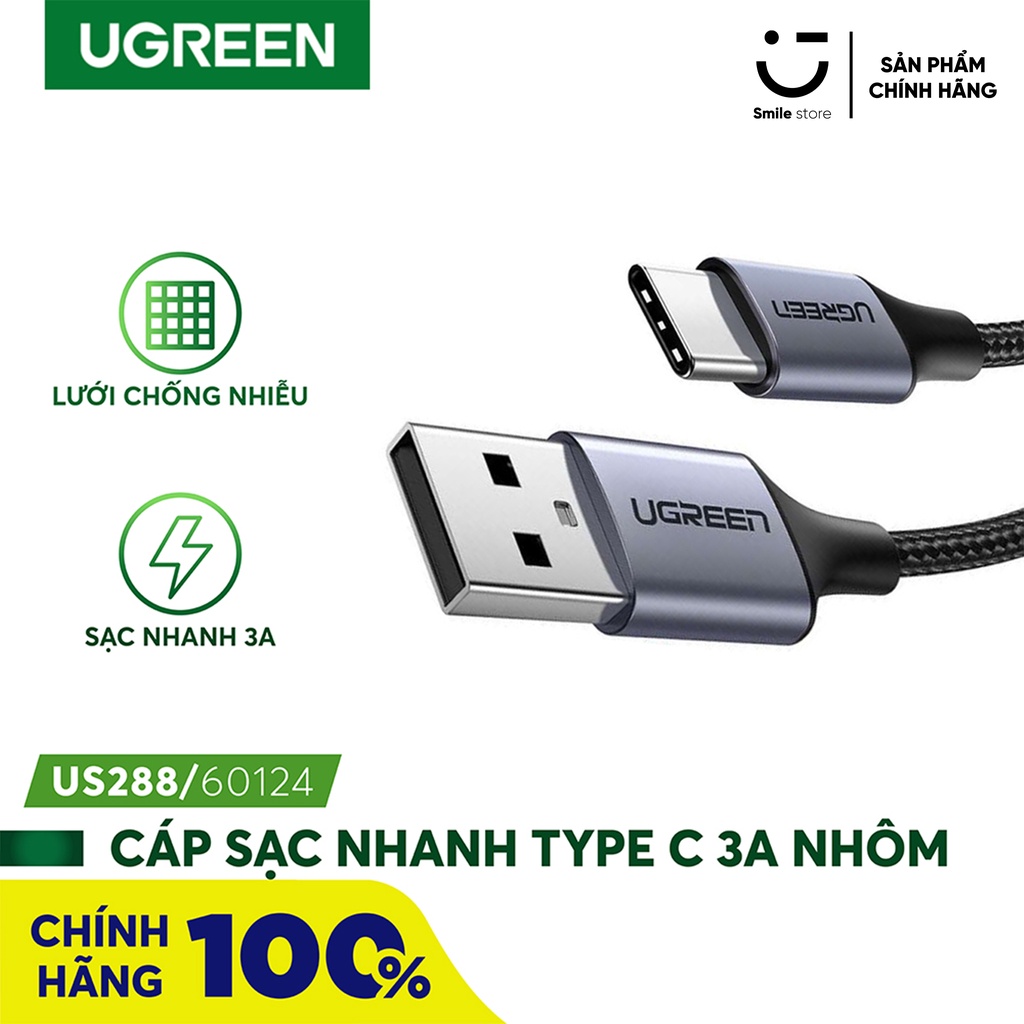 Cáp Sạc Nhanh Siêu Bền UGREEN Type C US288 - Đầu Bằng Hợp Kim, Dòng 3A Tương Thích Với Các Thiết Bị Android