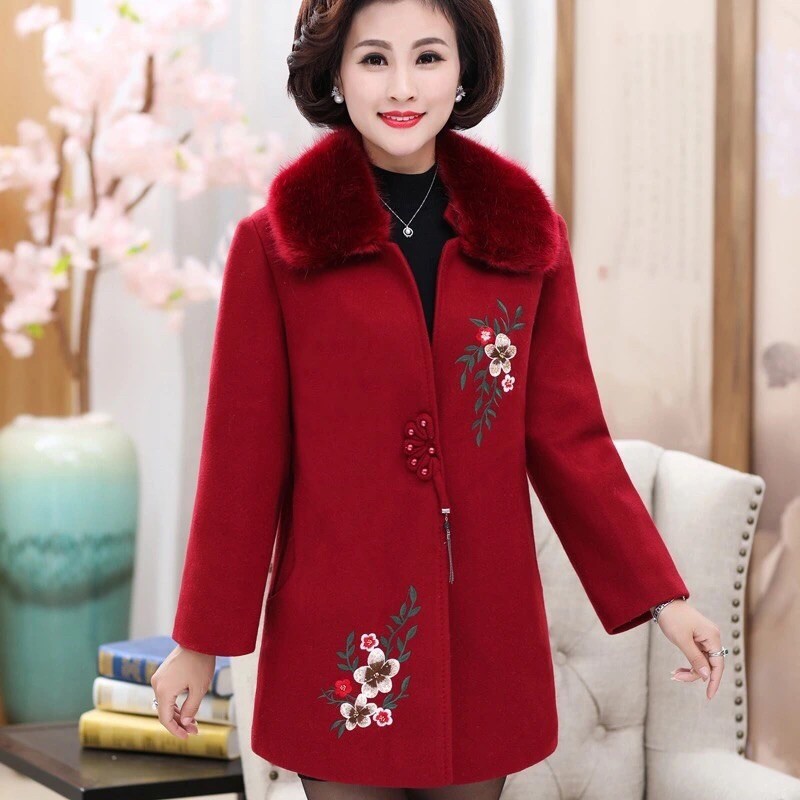 Áo Khoác dạ cổ lông trung tuổi cổ lông thời trang thu đông Quảng Châu Cao Cấp