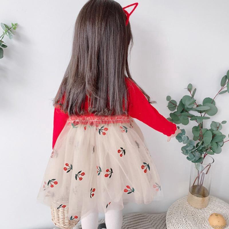 Đầm dài tay phối lưới họa tiết trái cherry cho bé