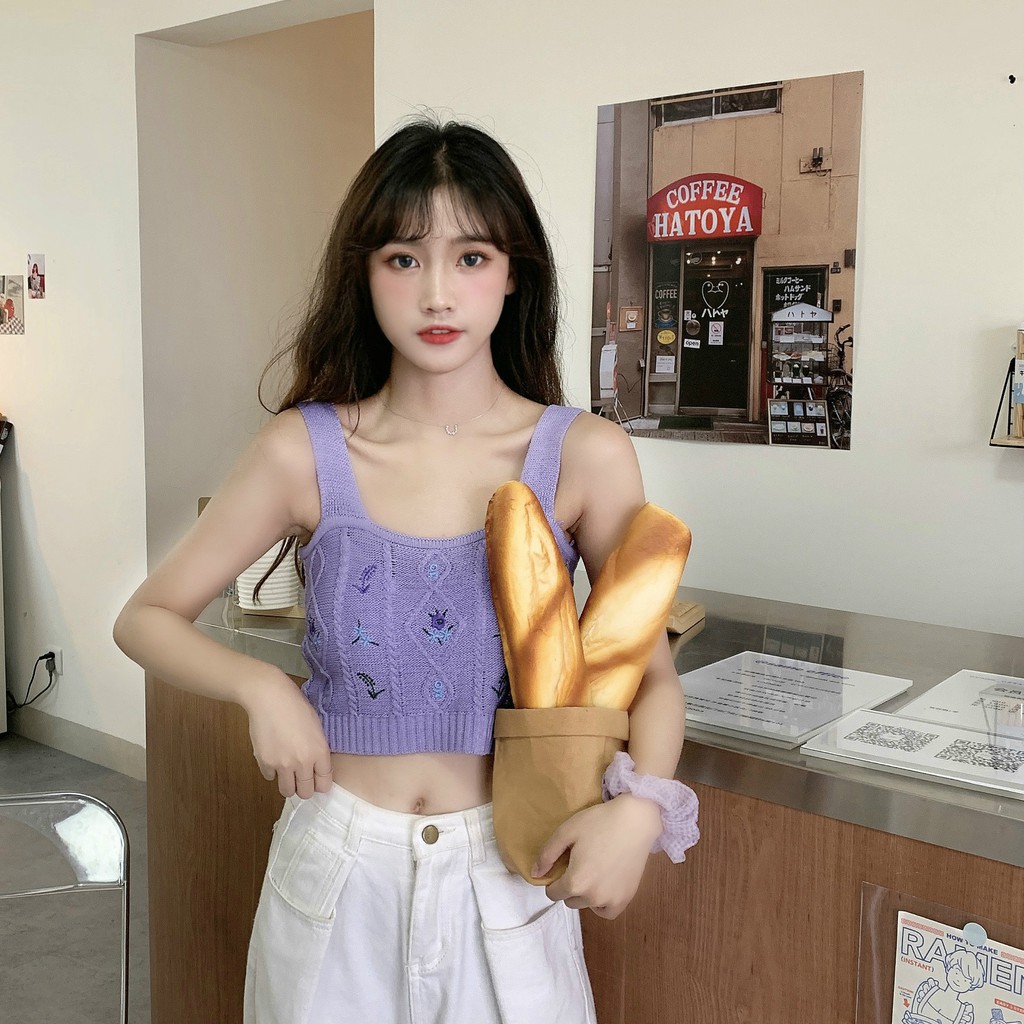 Áo Croptop Dệt Kim Không Tay Thời Trang Ngọt Ngào Cho Nữ