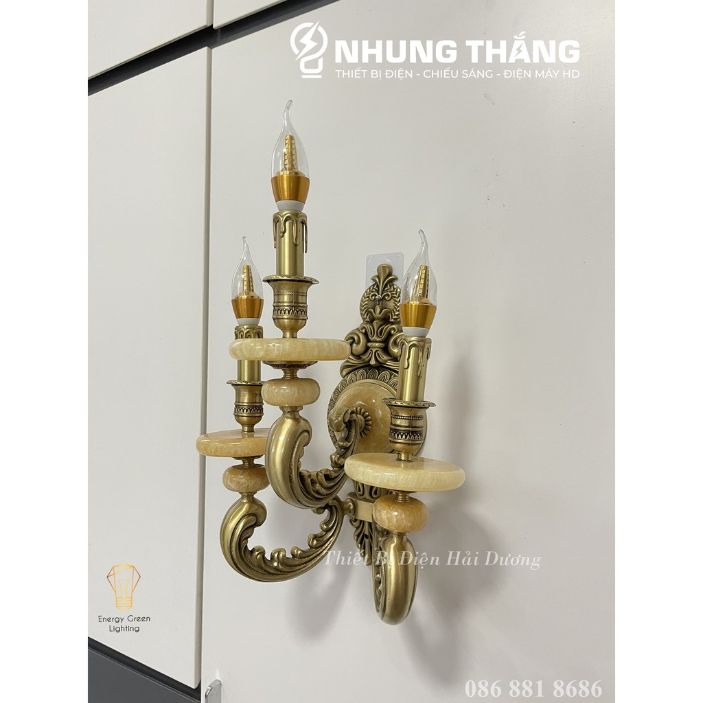Đèn Tường Nến Đồng Đá Cổ Điển Cao Cấp 8852-3 - Đèn Trang Trí Phòng Khách,Phòng Thờ - Tặng Kèm 3 Bóng Led - Bảo Hành 1Năm