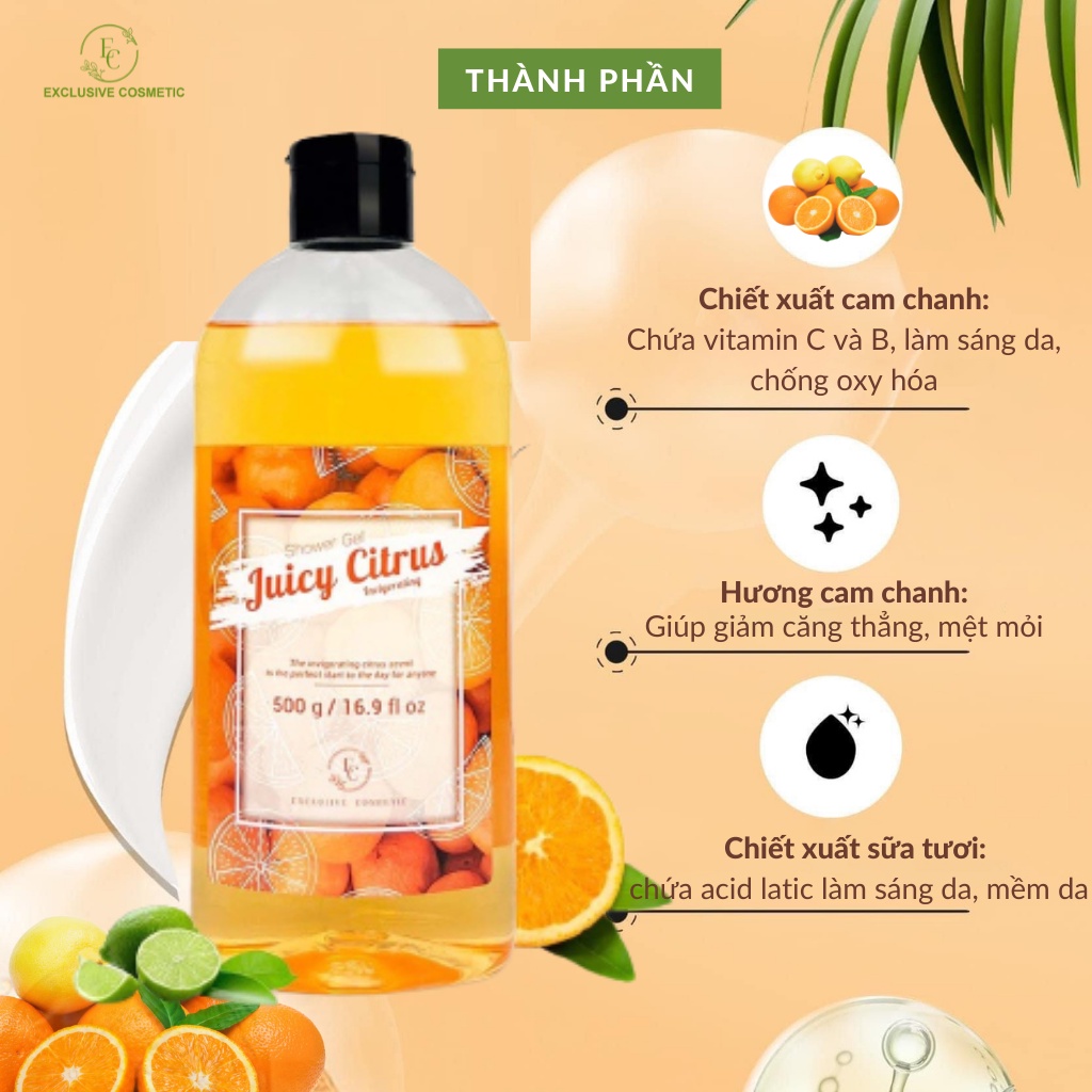 Sữa tắm chiết xuất Cam Chanh EXCLUSIVE COSMETIC Cream Shower Gel Juicy Citrus 500ml