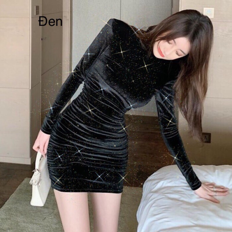 Váy nhung nhũ cổ 3p dáng ngắn