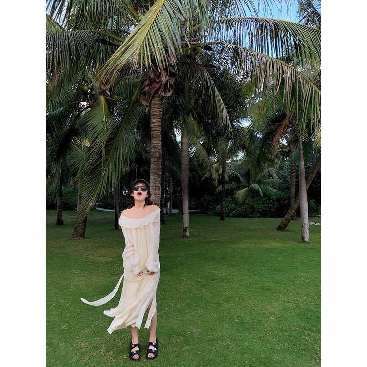 Áo trễ vai nữ bánh bèo tiểu thư chun tay chân váy dài xẻ form rộng phong cách vintage