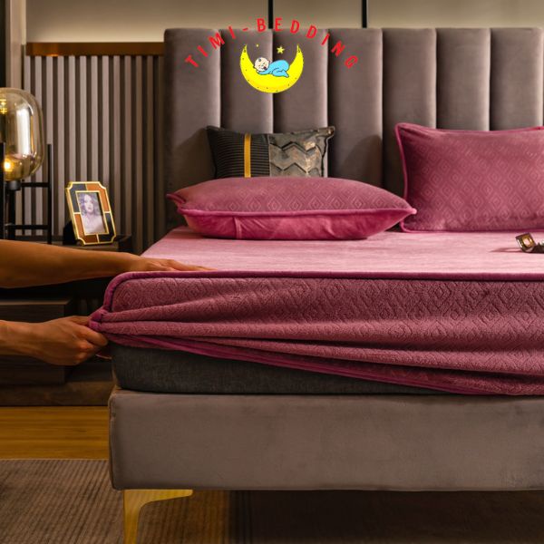 Ga gối nỉ nhung cao cấp 2022 họa tiết hình thoi - Bộ ga nỉ trải giường Timibedding