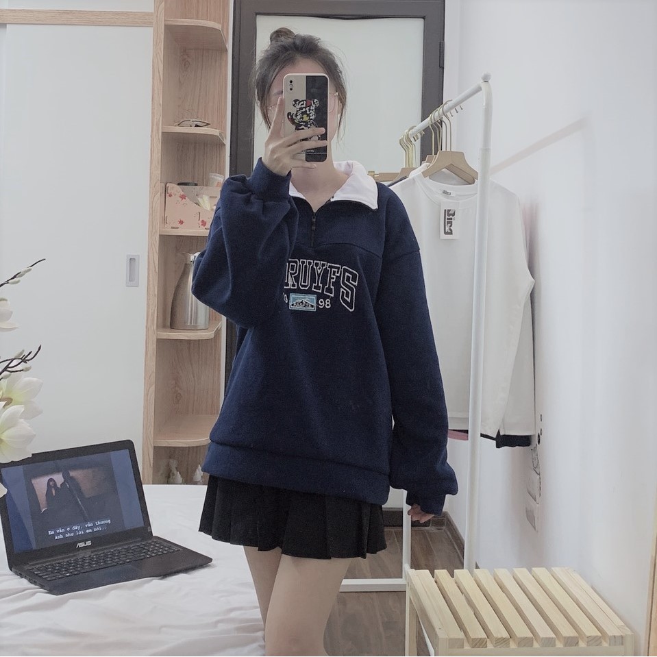 Áo sweater nữ ullzzang nỉ tàu khóa cổ Shynstores vải dày đẹp freeship