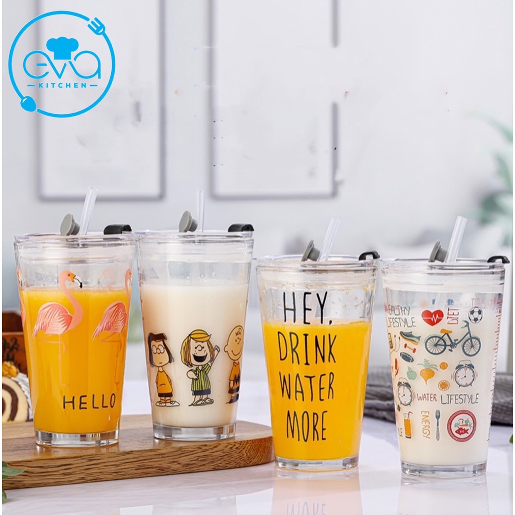 Cốc Thuỷ Tinh / Ly Thuỷ Tinh Uống Nước In Hình Dễ Thương Có Nắp Đậy Và Ống Hút Thuỷ Tinh Cao Cấp M2682