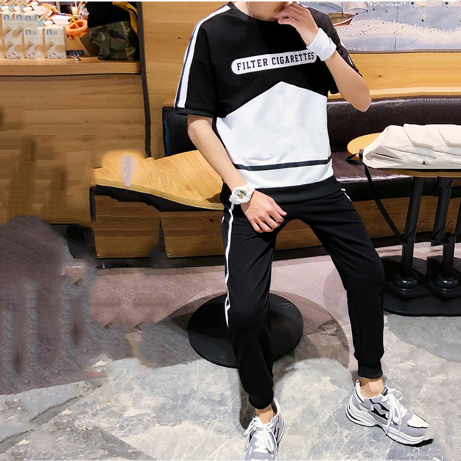 Bộ Quần Áo Thun Nam Ngắn Tay Phối Hai Màu Đen Trắng Quần Dài Phối Sọc Thời Trang Đường Phố SET NAM 90000110C2 | BigBuy360 - bigbuy360.vn